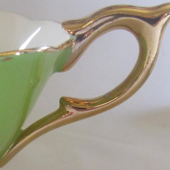 Royal Stafford Tea Cup and Saucer, Lime Green White Rose, Heavy Gold Gilt D111 - Picture 3 of 7
